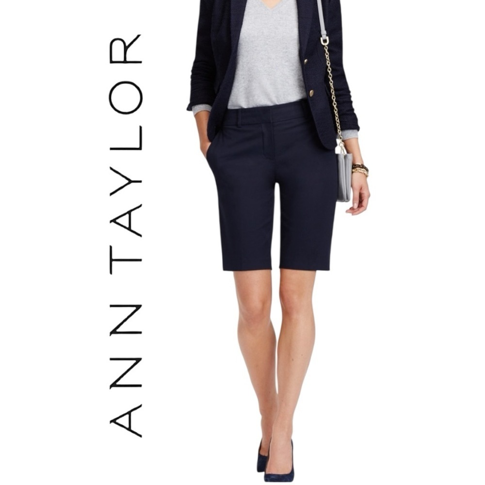 Ann Taylor Navy Boardwalk Shorts Devin Slimfit Tailored 11” Inseam Longline Sz 2